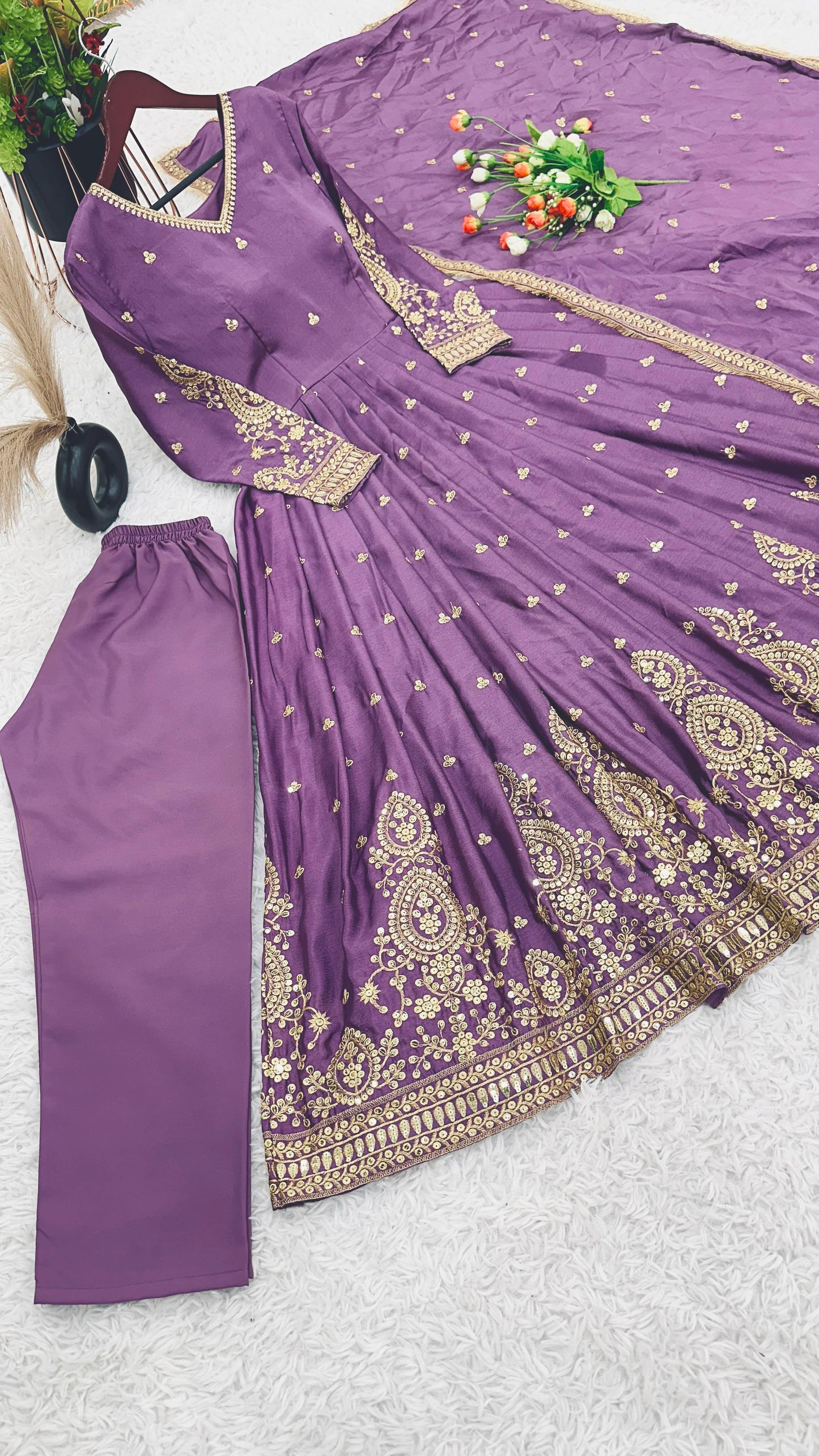 Embroidery Sequence Work Lavender Color Anarkali Gown