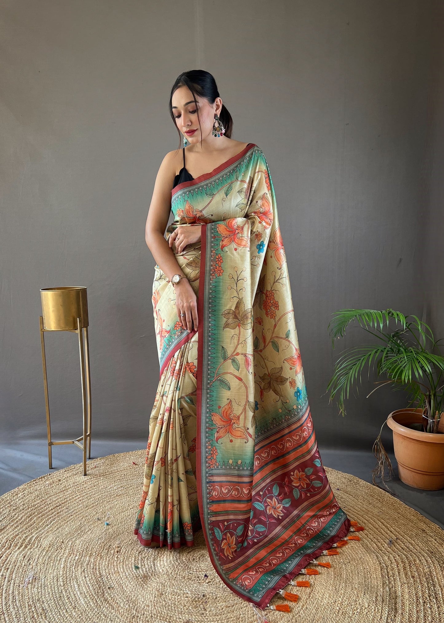 Stylish Digital Print Design Green Color Silk Saree