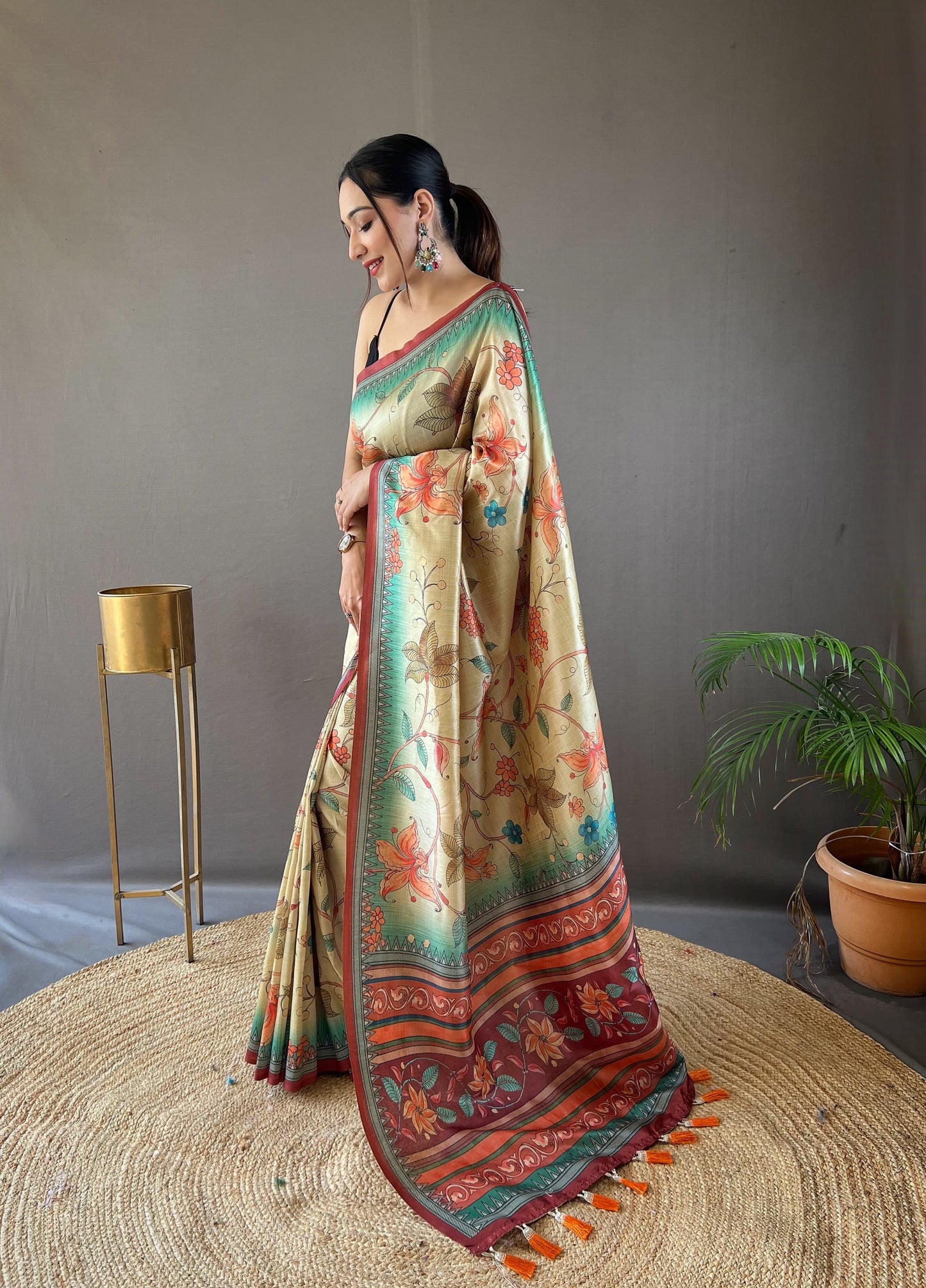 Stylish Digital Print Design Green Color Silk Saree