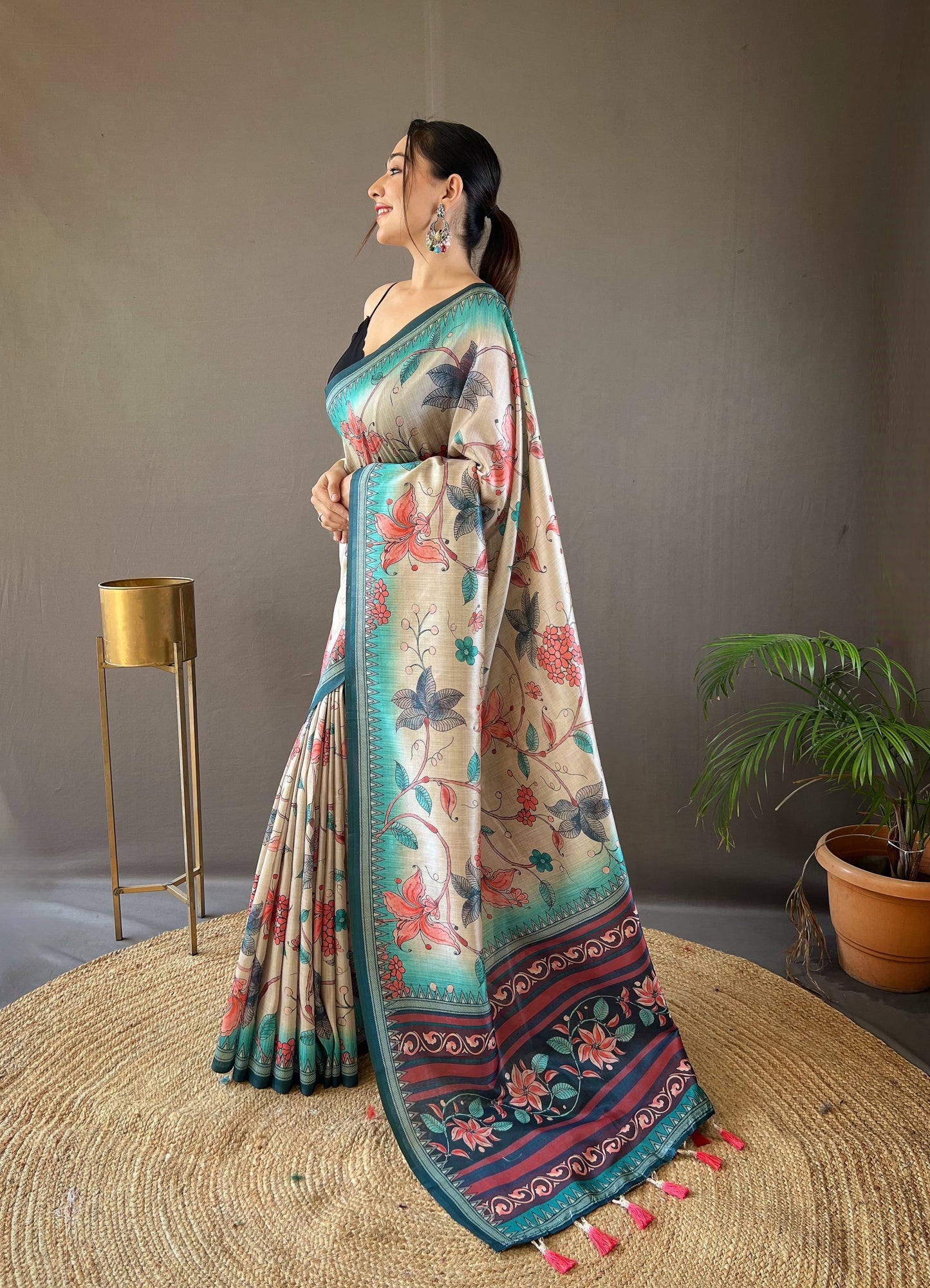 Stylish Digital Print Design Aqua Blue Color Silk Saree