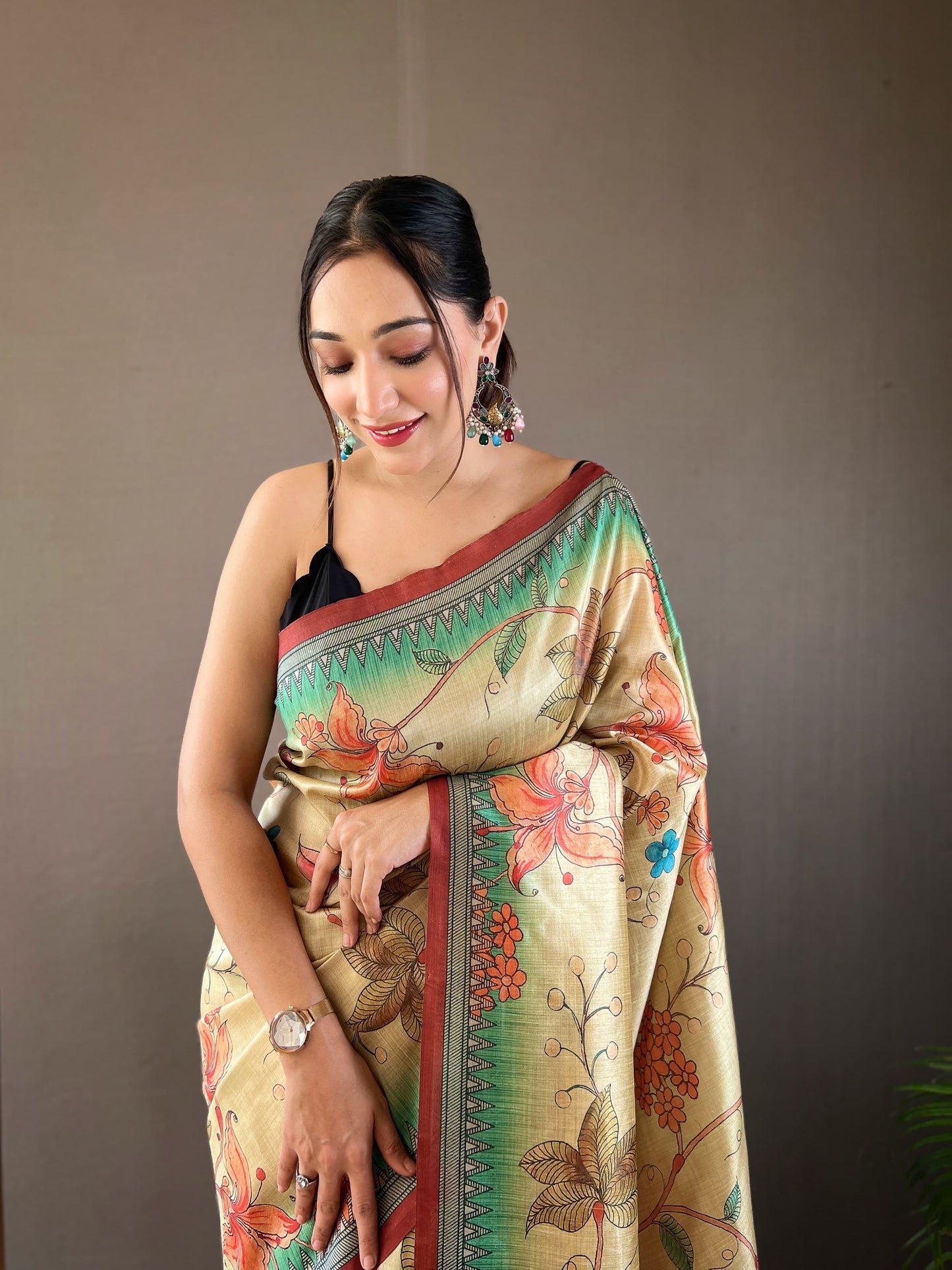 Stylish Digital Print Design Green Color Silk Saree