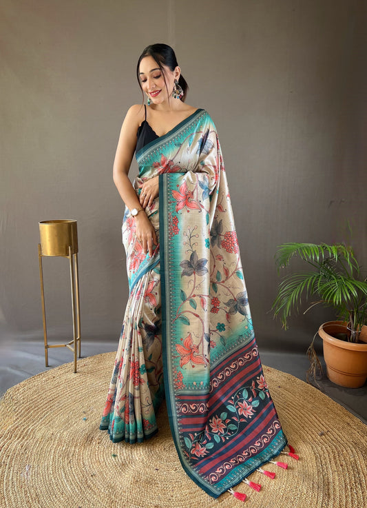 Stylish Digital Print Design Aqua Blue Color Silk Saree