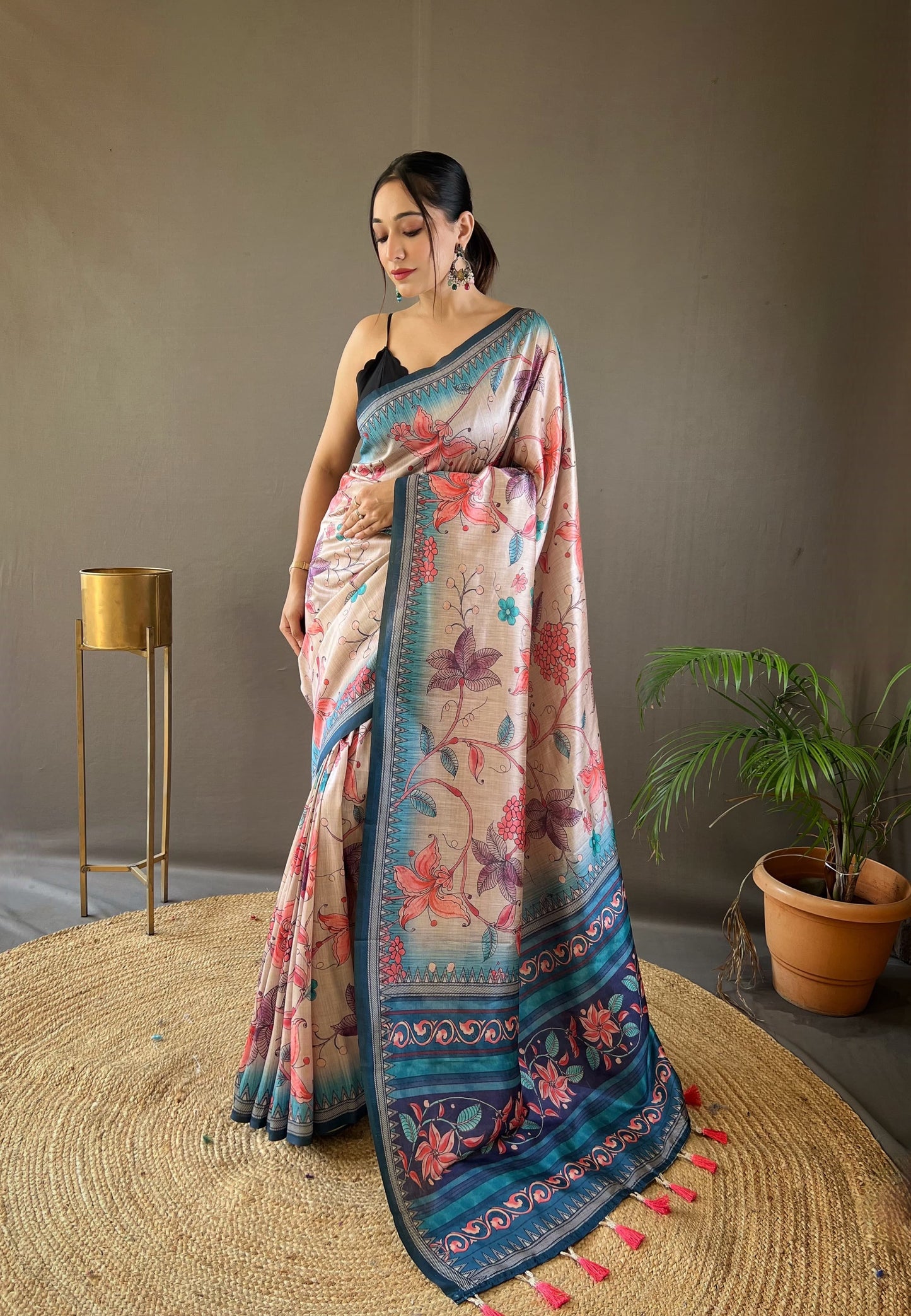 Stylish Digital Print Design Sky Blue Color Silk Saree