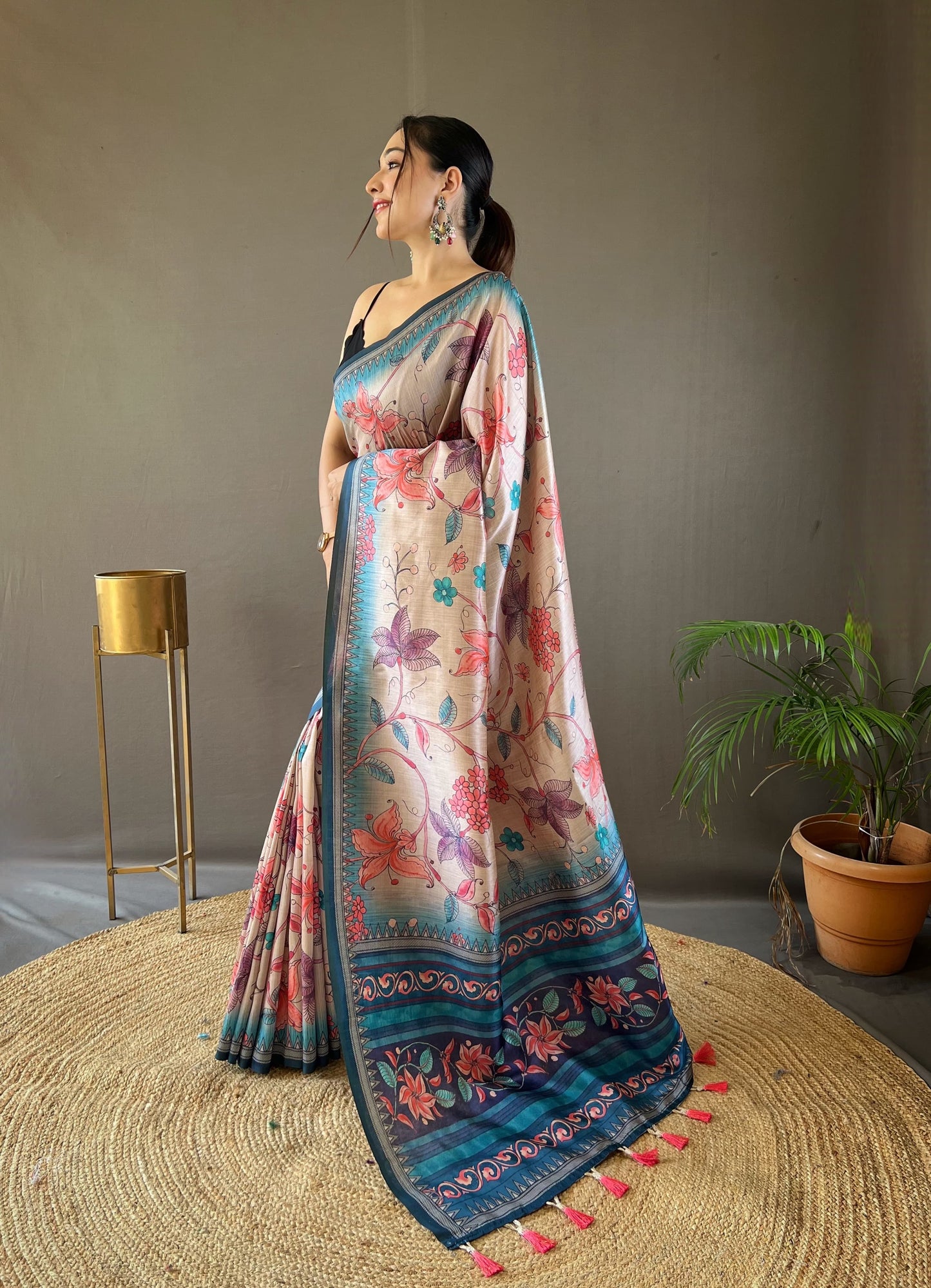 Stylish Digital Print Design Sky Blue Color Silk Saree