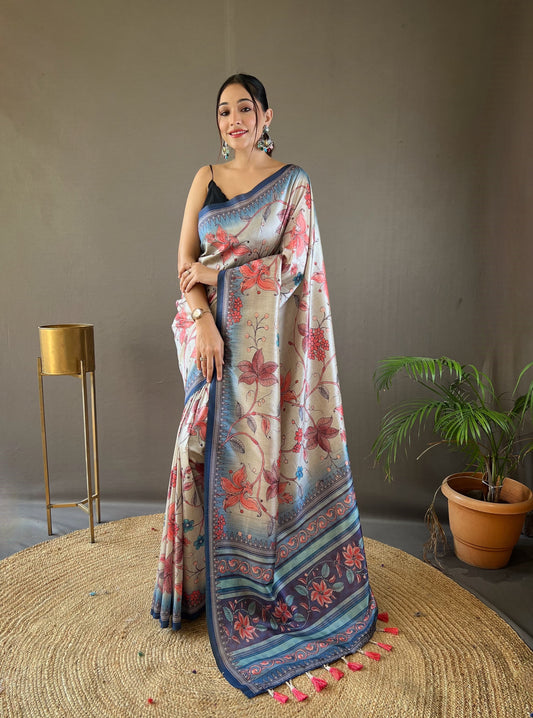 Stylish Digital Print Design Blue Color Silk Saree