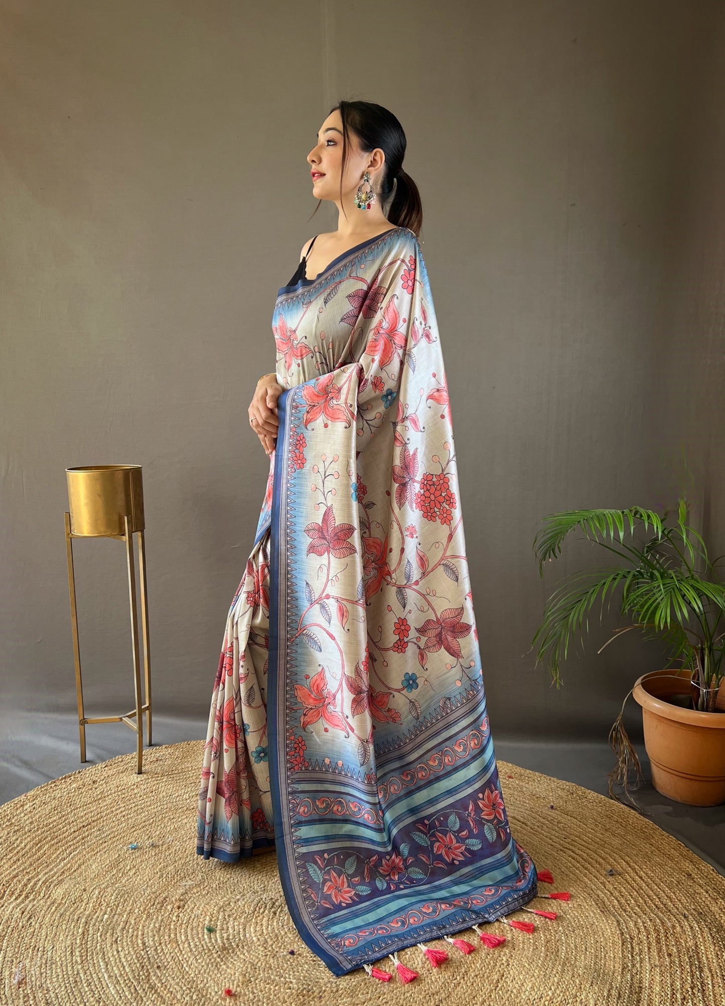 Stylish Digital Print Design Blue Color Silk Saree