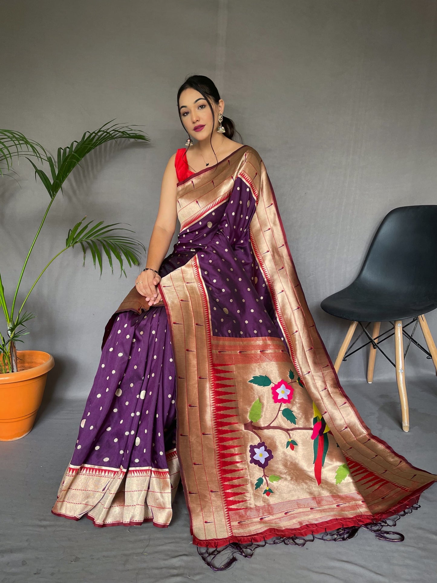 Traditional Wear Purple Paithani Silk Saree With Zari Weaving Work