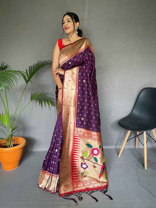 Traditional Wear Purple Paithani Silk Saree With Zari Weaving Work