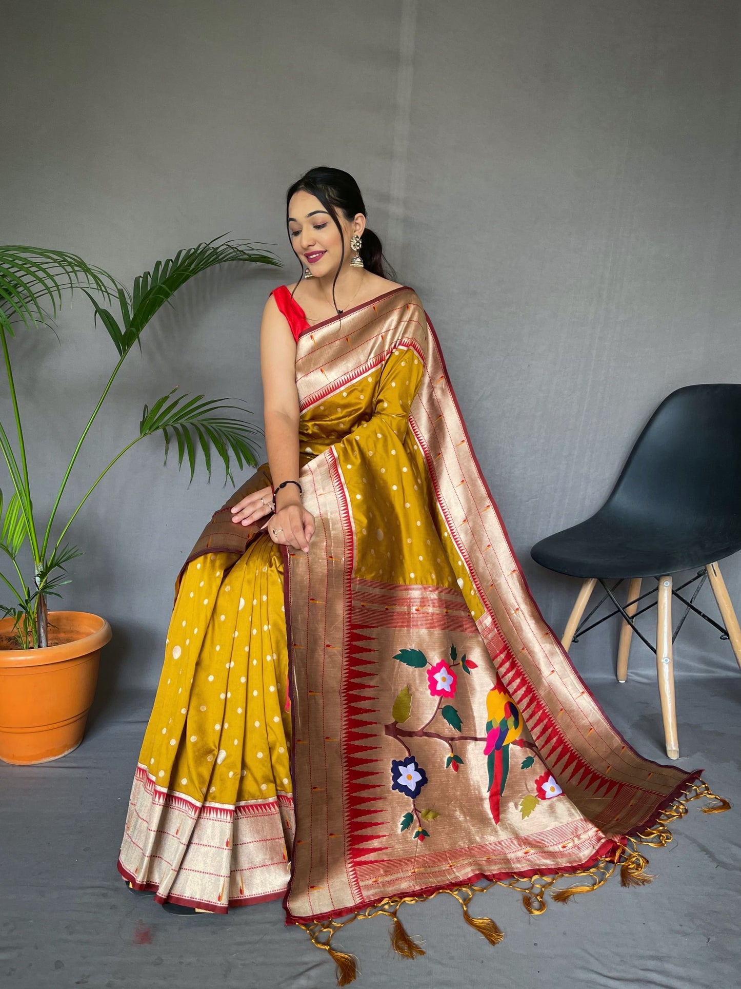 Traditional Wear Mustard Paithani Silk Saree With Zari Weaving Work