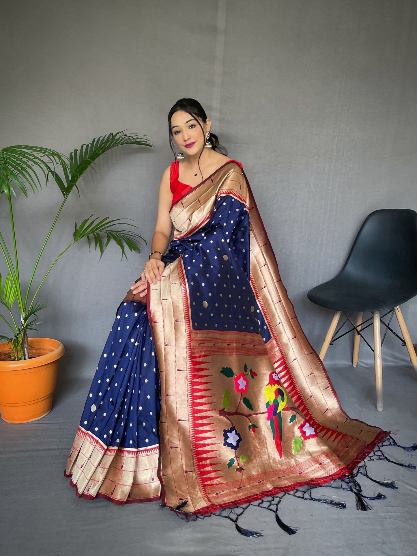 Traditional Wear Navy Blue Paithani Silk Saree With Zari Weaving Work