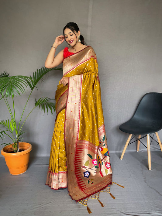 Traditional Wear Mustard Paithani Silk Saree With Zari Weaving Work