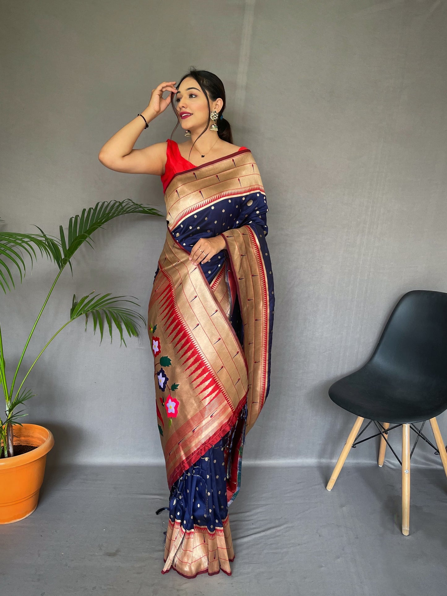 Traditional Wear Navy Blue Paithani Silk Saree With Zari Weaving Work