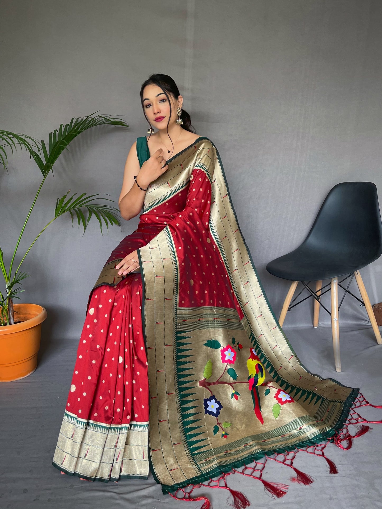 Traditional Wear Red Paithani Silk Saree With Zari Weaving Work