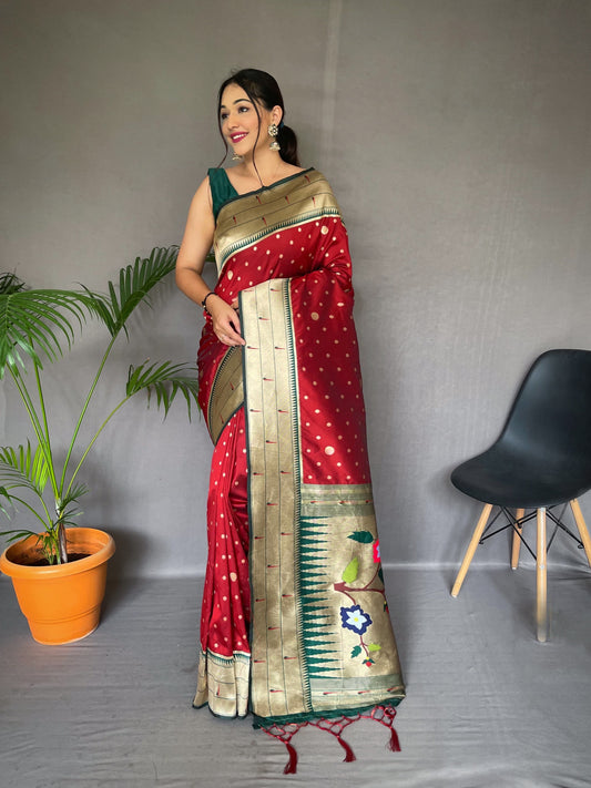 Traditional Wear Red Paithani Silk Saree With Zari Weaving Work