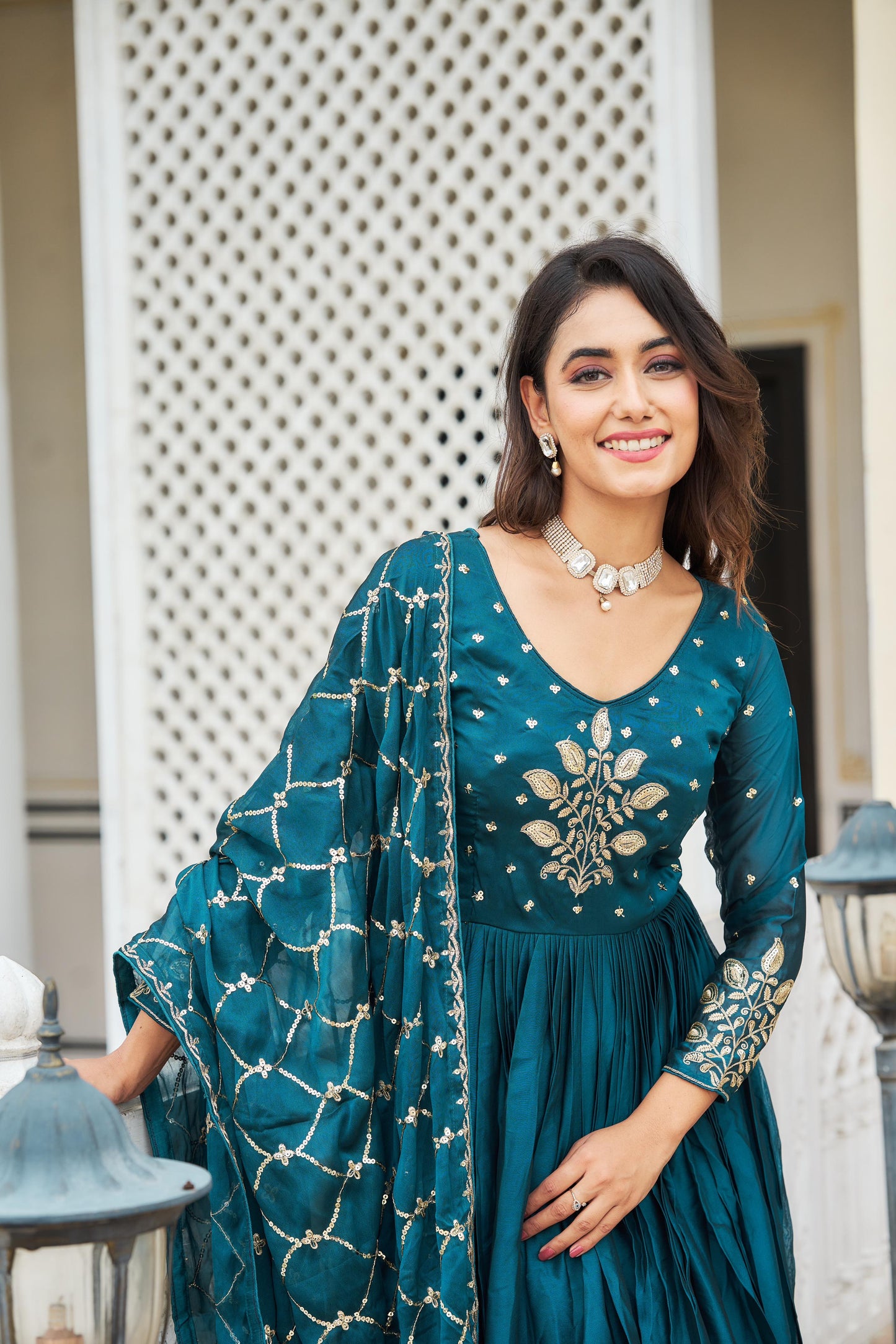 Stunning Teal Blue Color Heavy Work Gown With Dupatta