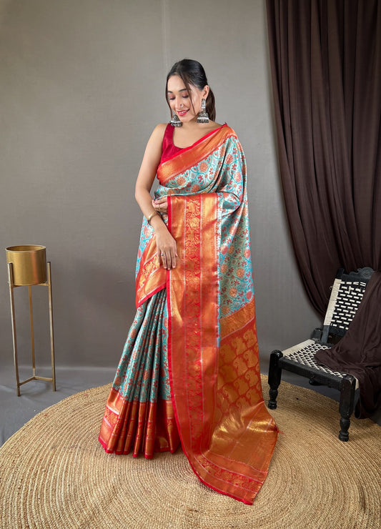 Shining Zari Kanchi Style Weaving Sky Blue Kanjivaram Saree