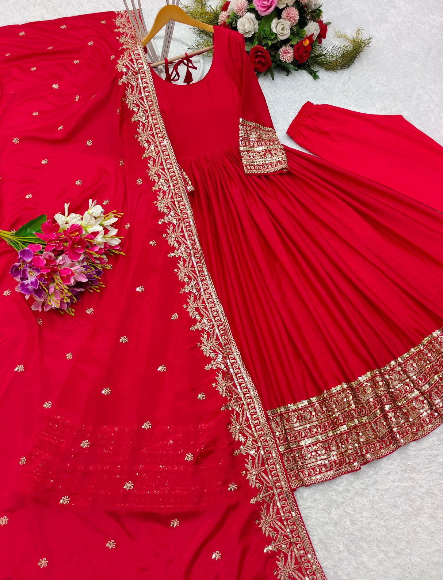 Festive Wear Long Red Gown With Fancy Dupatta