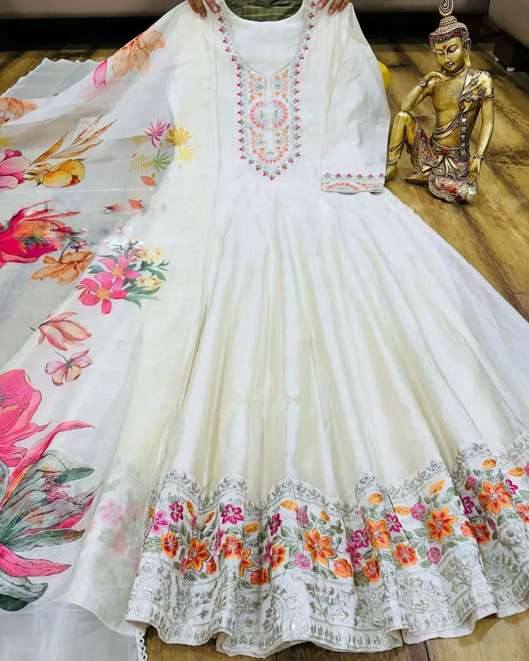 Lovely Multi Embroidery Work White Color Anarkali Gown