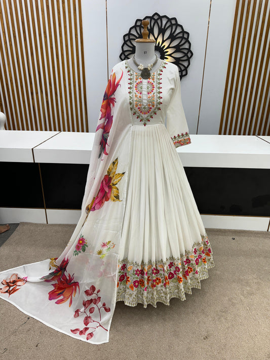 Lovely Multi Embroidery Work White Color Anarkali Gown