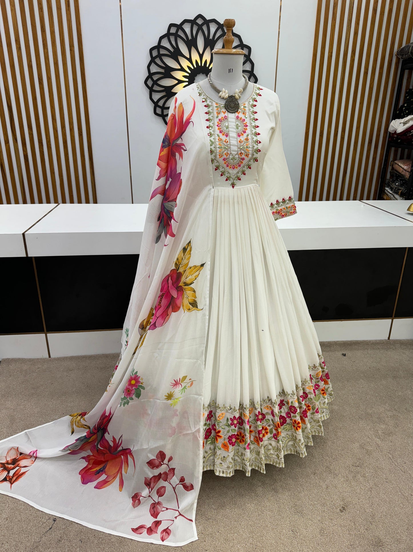 Lovely Multi Embroidery Work White Color Anarkali Gown