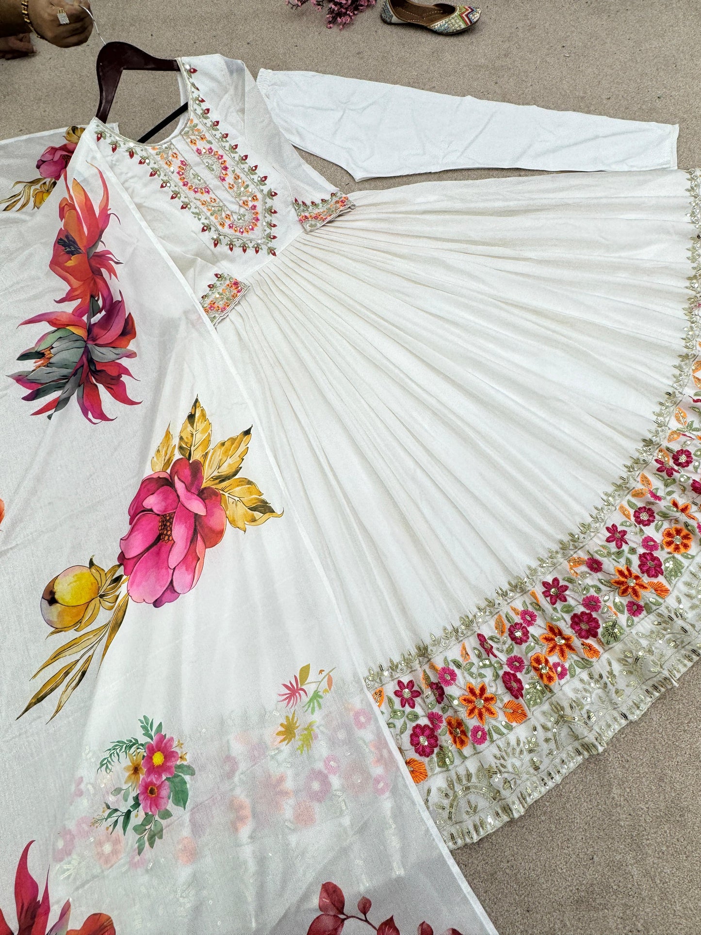 Lovely Multi Embroidery Work White Color Anarkali Gown