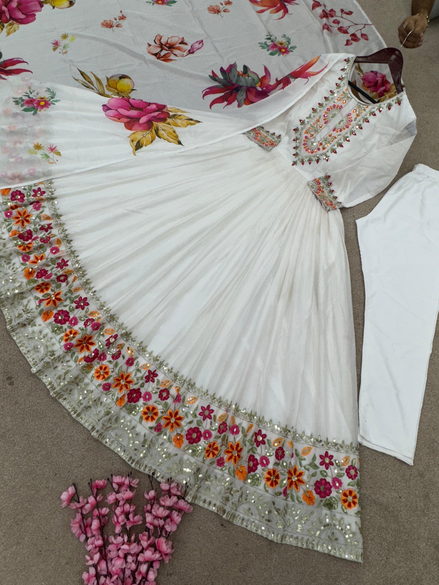 Lovely Multi Embroidery Work White Color Anarkali Gown