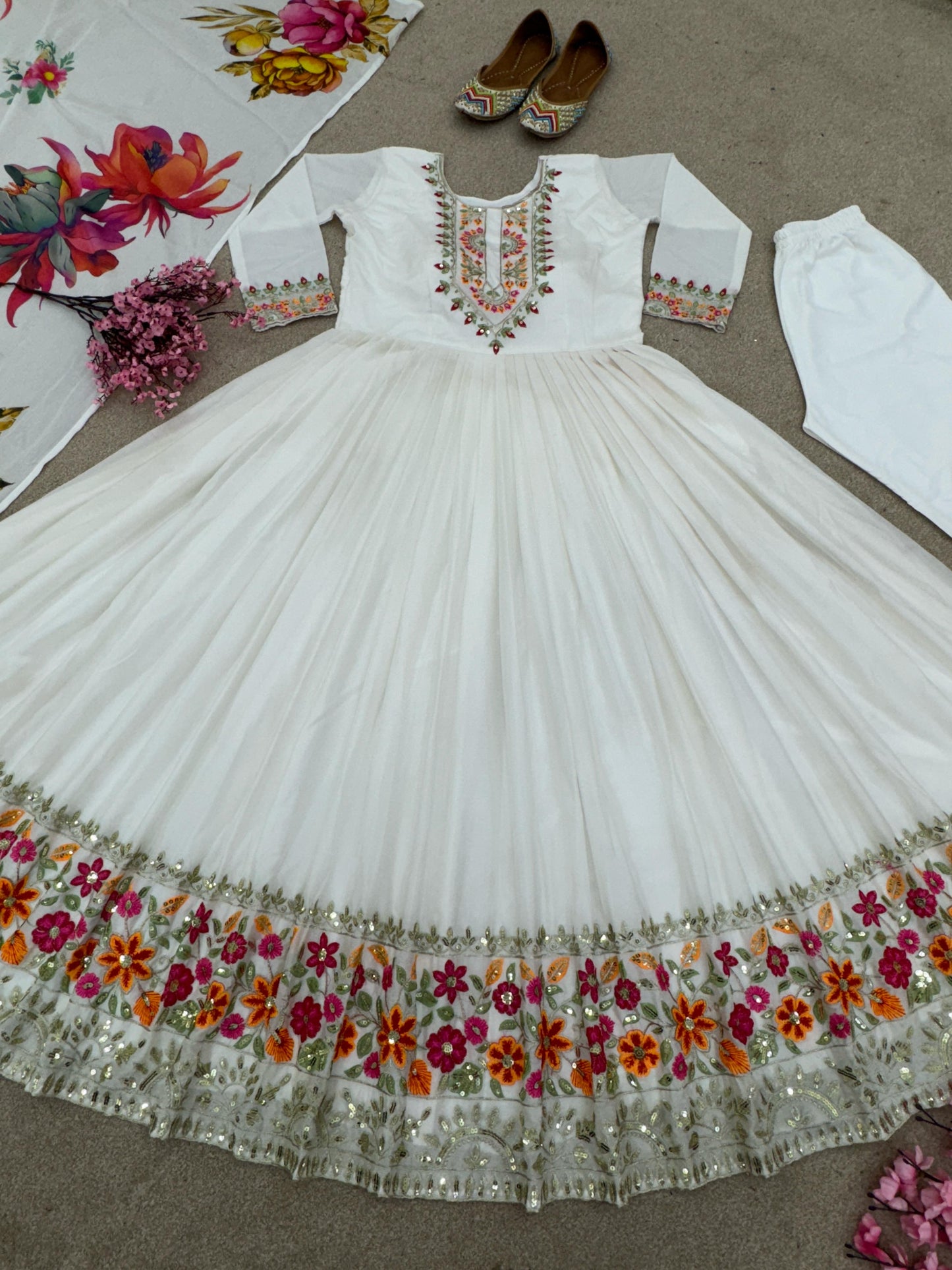 Lovely Multi Embroidery Work White Color Anarkali Gown