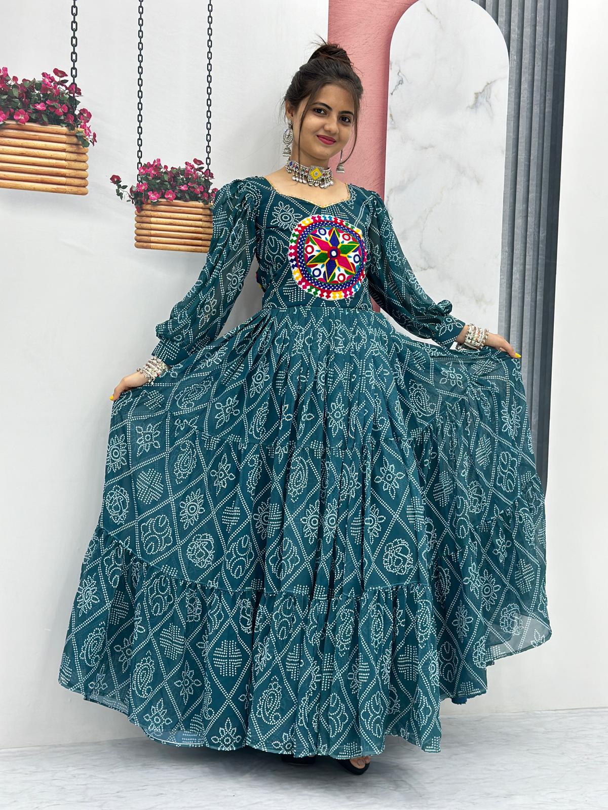 Bandhani Print Green Color Gamthi Work Gown