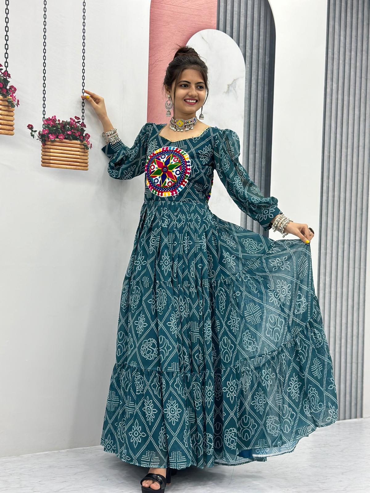 Bandhani Print Green Color Gamthi Work Gown