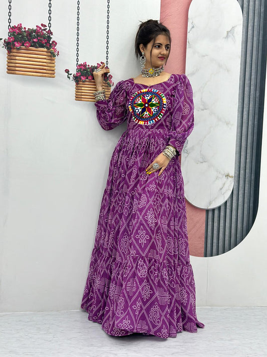 Bandhani Print Purple Color Gamthi Work Gown