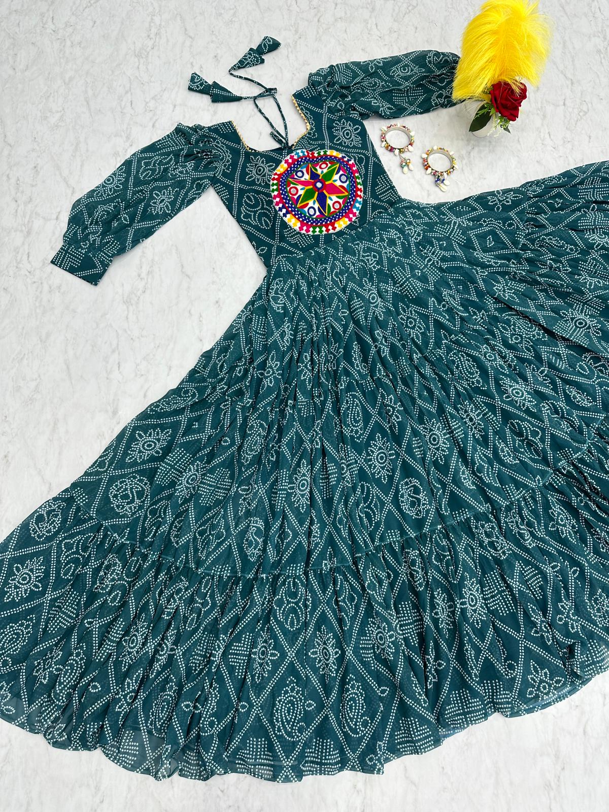 Bandhani Print Green Color Gamthi Work Gown