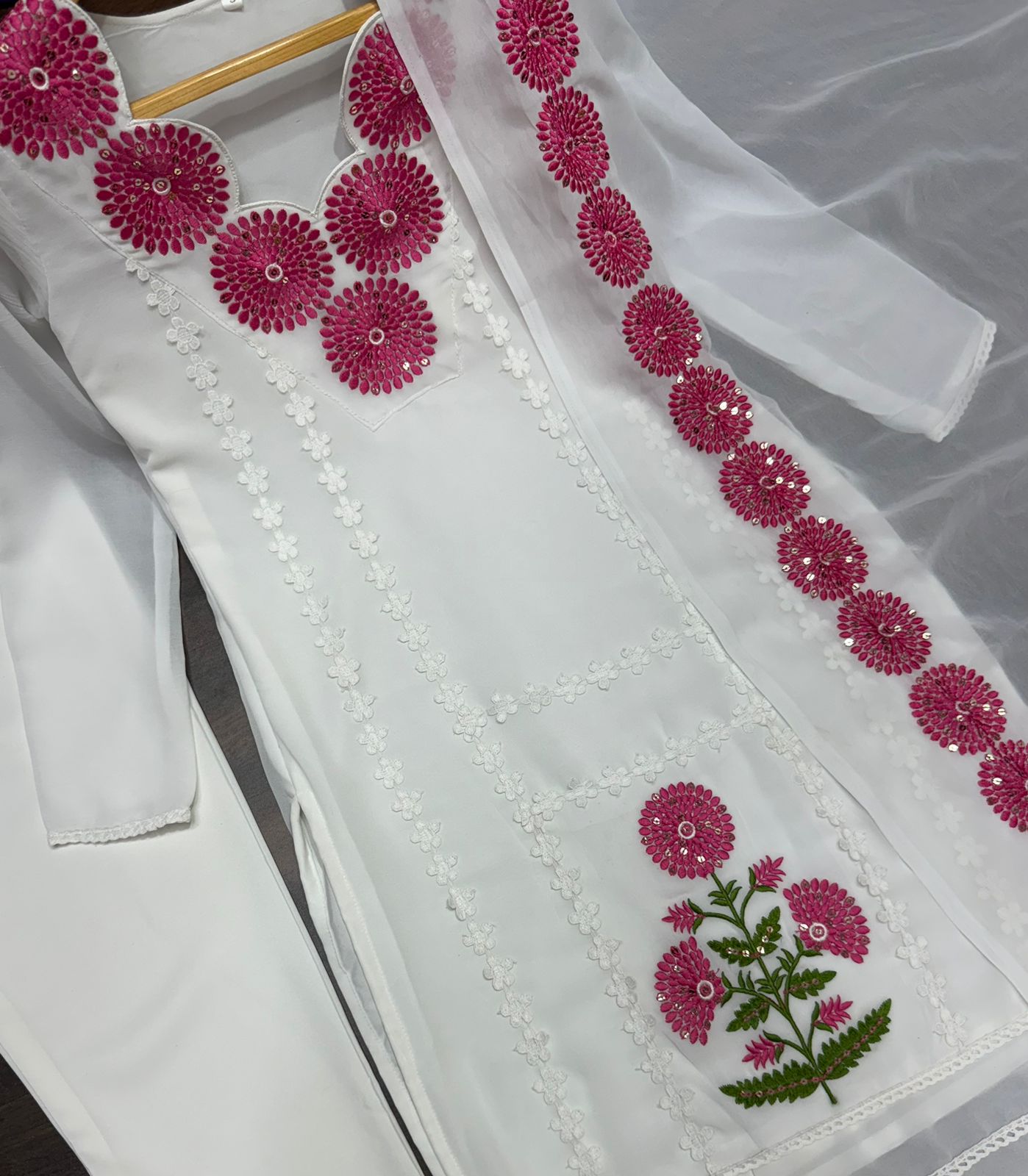 Classic Embroidery Work White Color With Pink Design Salwar Suit