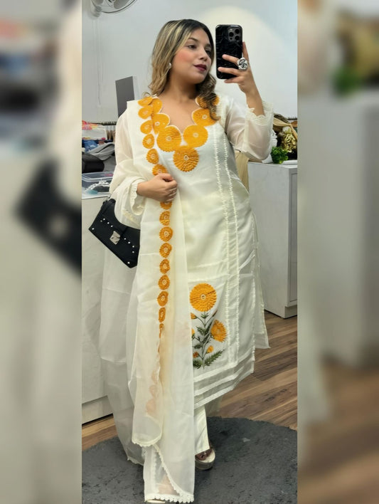 Classic Embroidery Work White Color With Yellow Design Salwar Suit