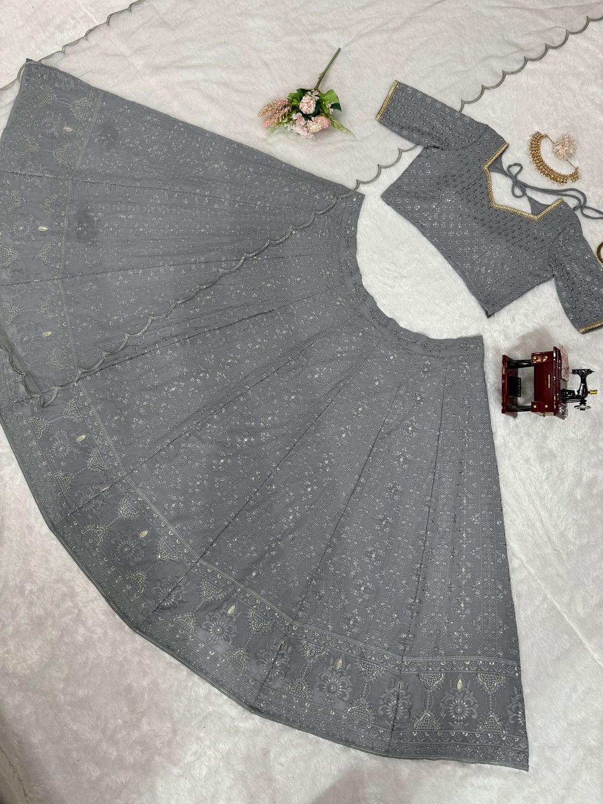 Captivating Grey Color Thread Work Lehenga Choli