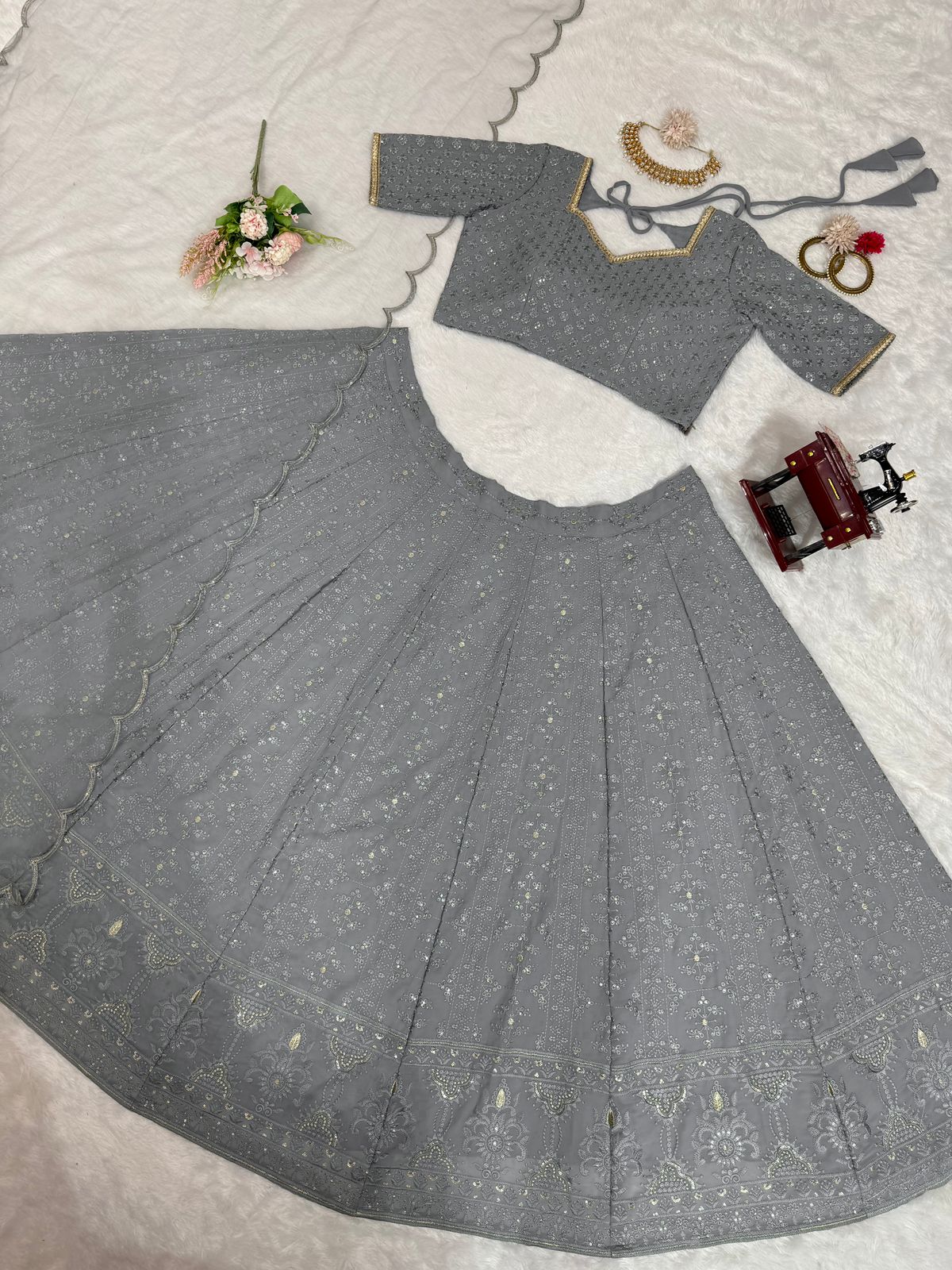 Captivating Grey Color Thread Work Lehenga Choli