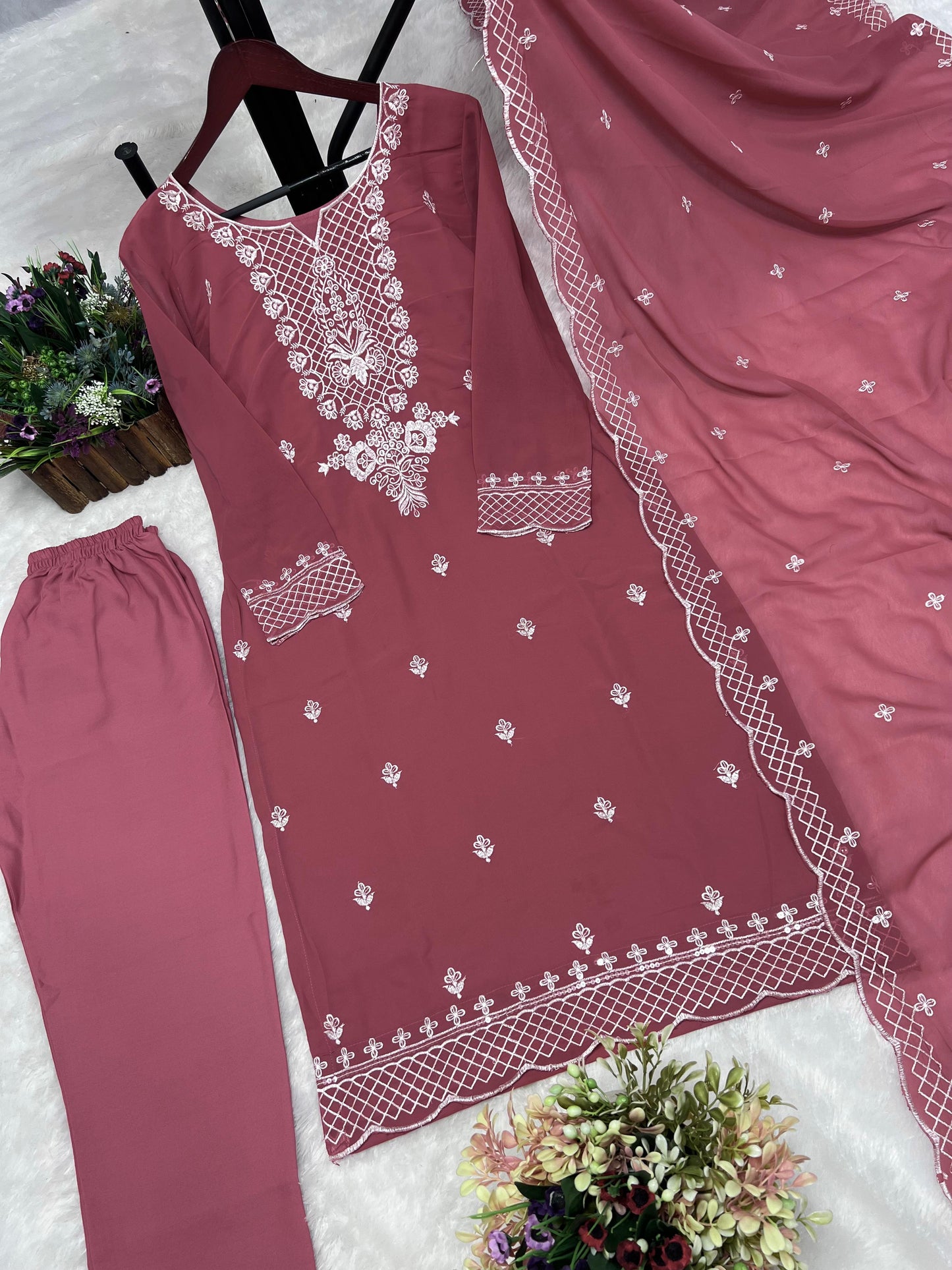 Function Wear Dusty Pink Color Thread Work Kurti Pant With Dupatta