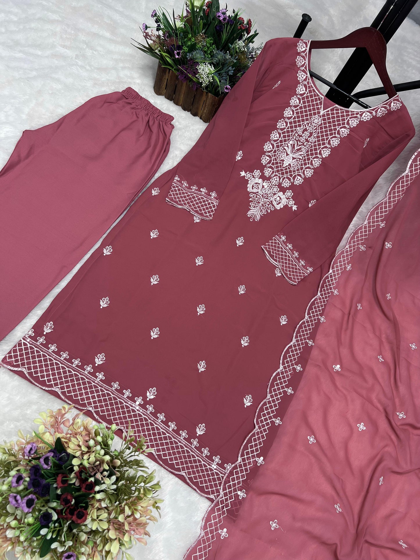 Function Wear Dusty Pink Color Thread Work Kurti Pant With Dupatta