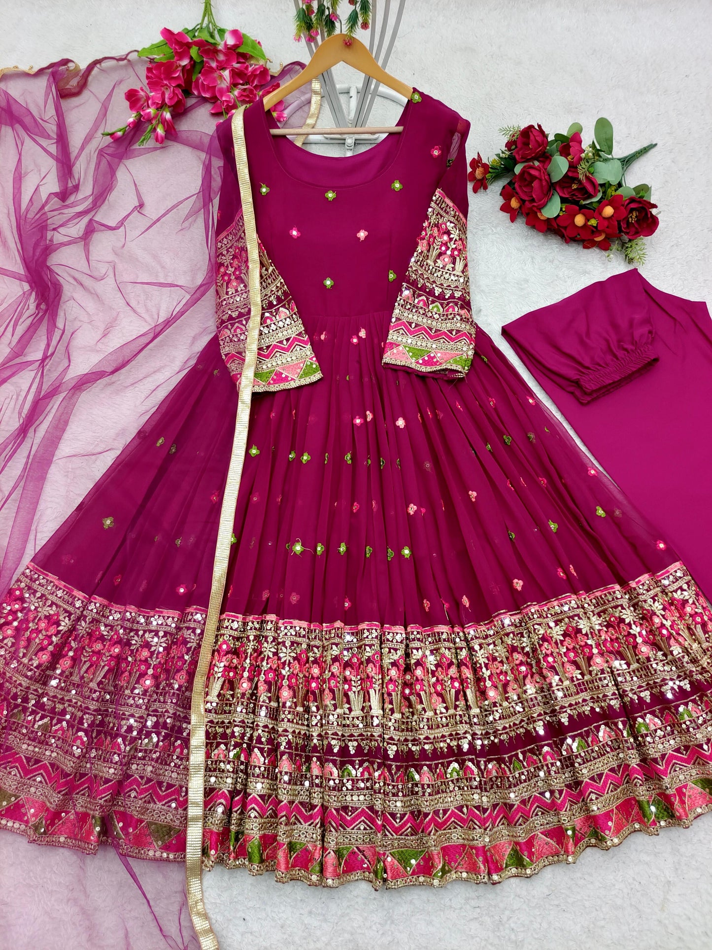 Awesome Sequence Embroidery Work Pink Georgette Gown