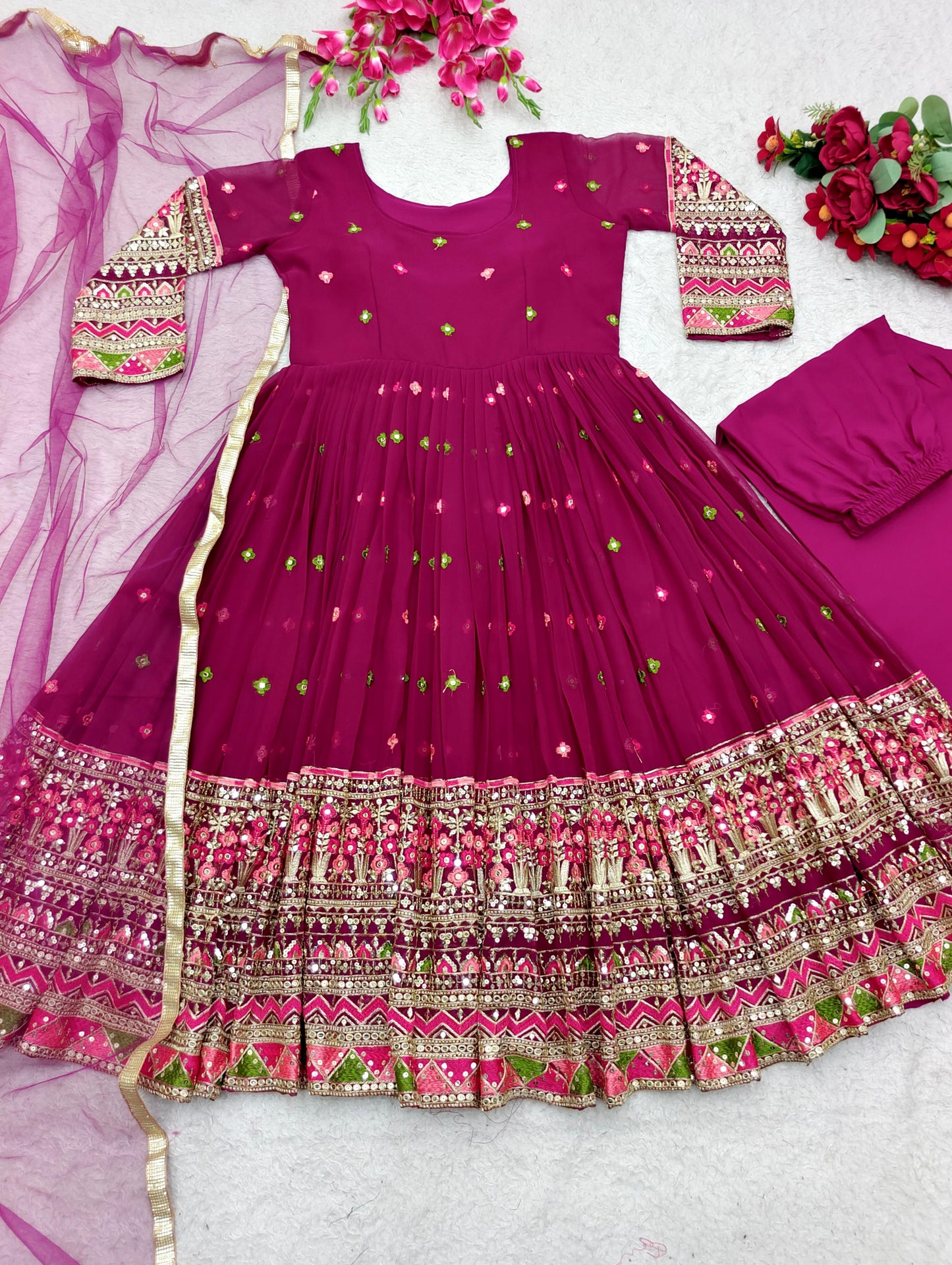 Awesome Sequence Embroidery Work Pink Georgette Gown