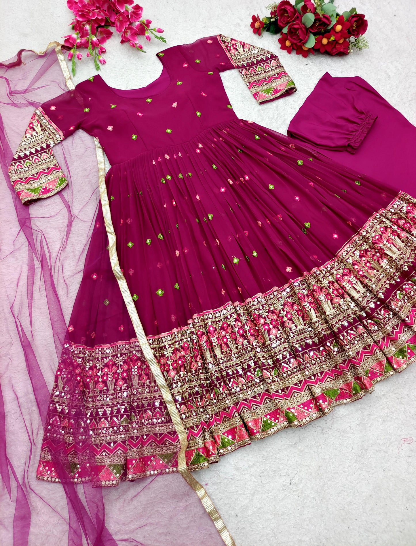 Awesome Sequence Embroidery Work Pink Georgette Gown