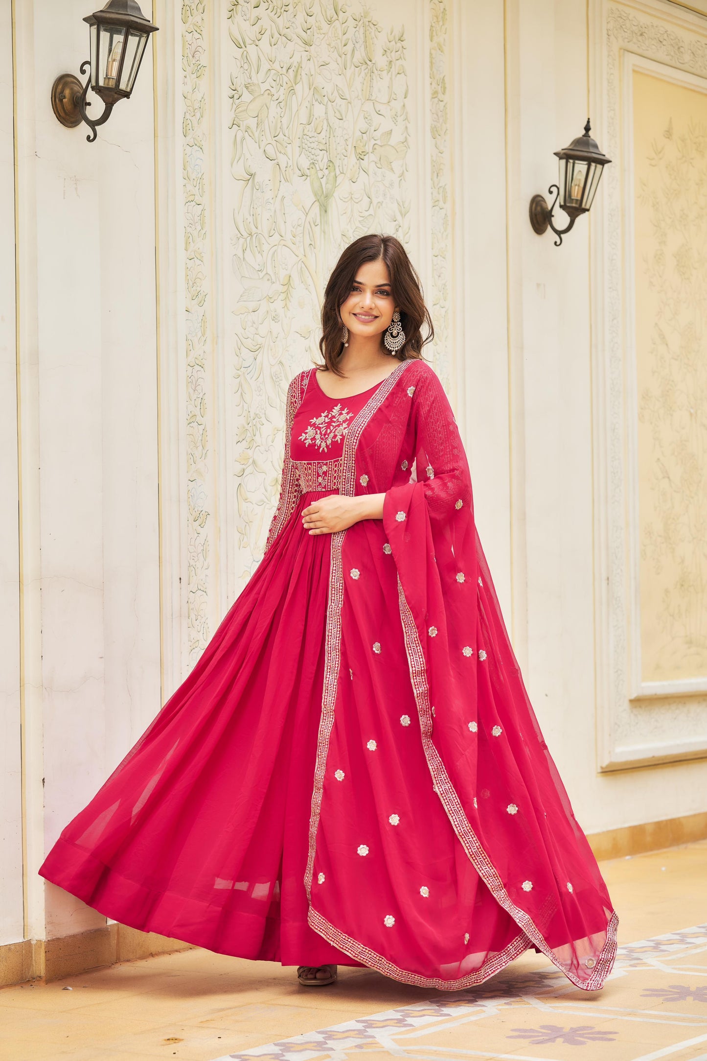 Pink Color Georgette Sequence Embroidery Work Gown