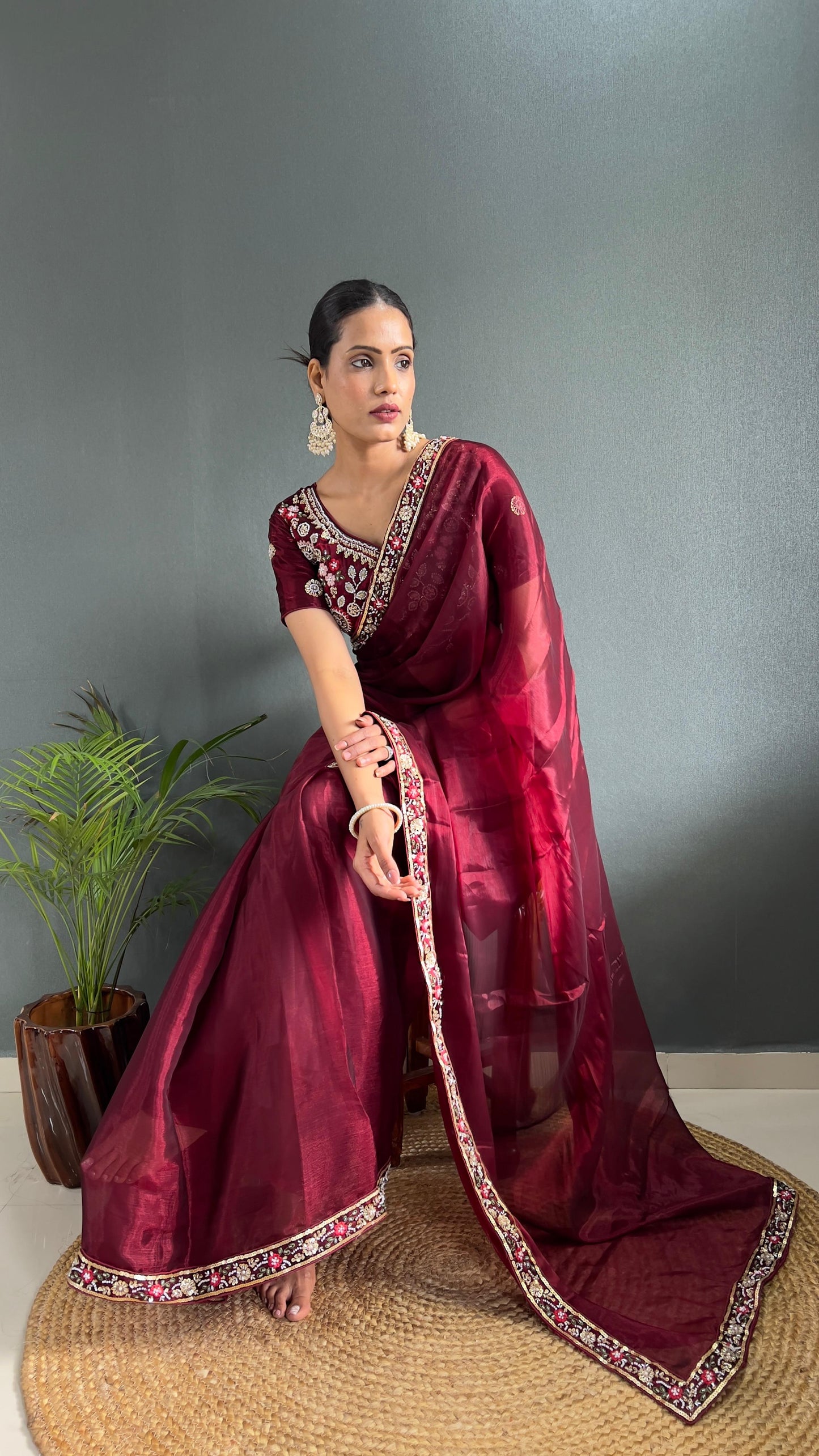 Demanding Burberry Silk Red Color Handwork Border Saree