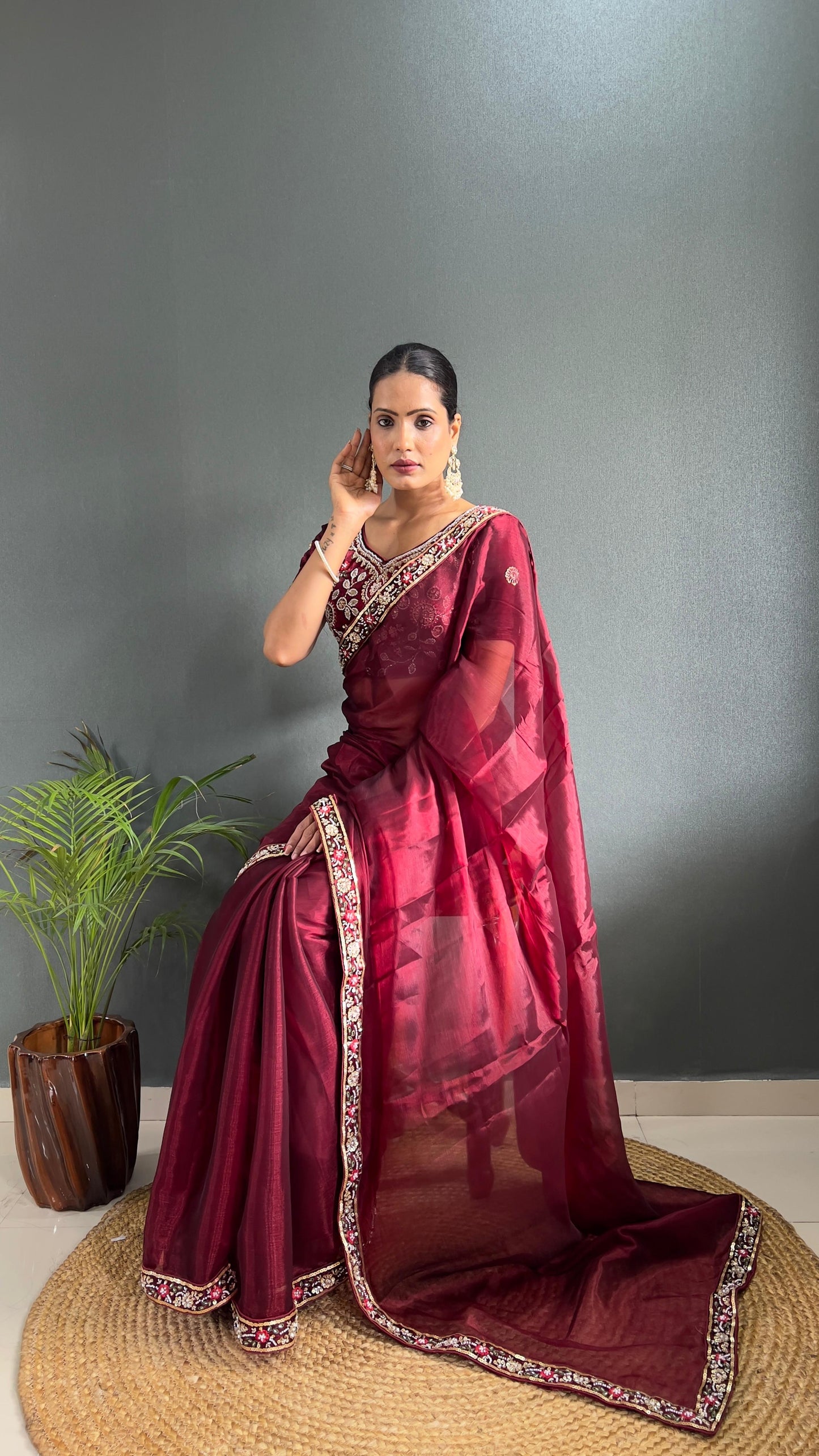 Demanding Burberry Silk Red Color Handwork Border Saree