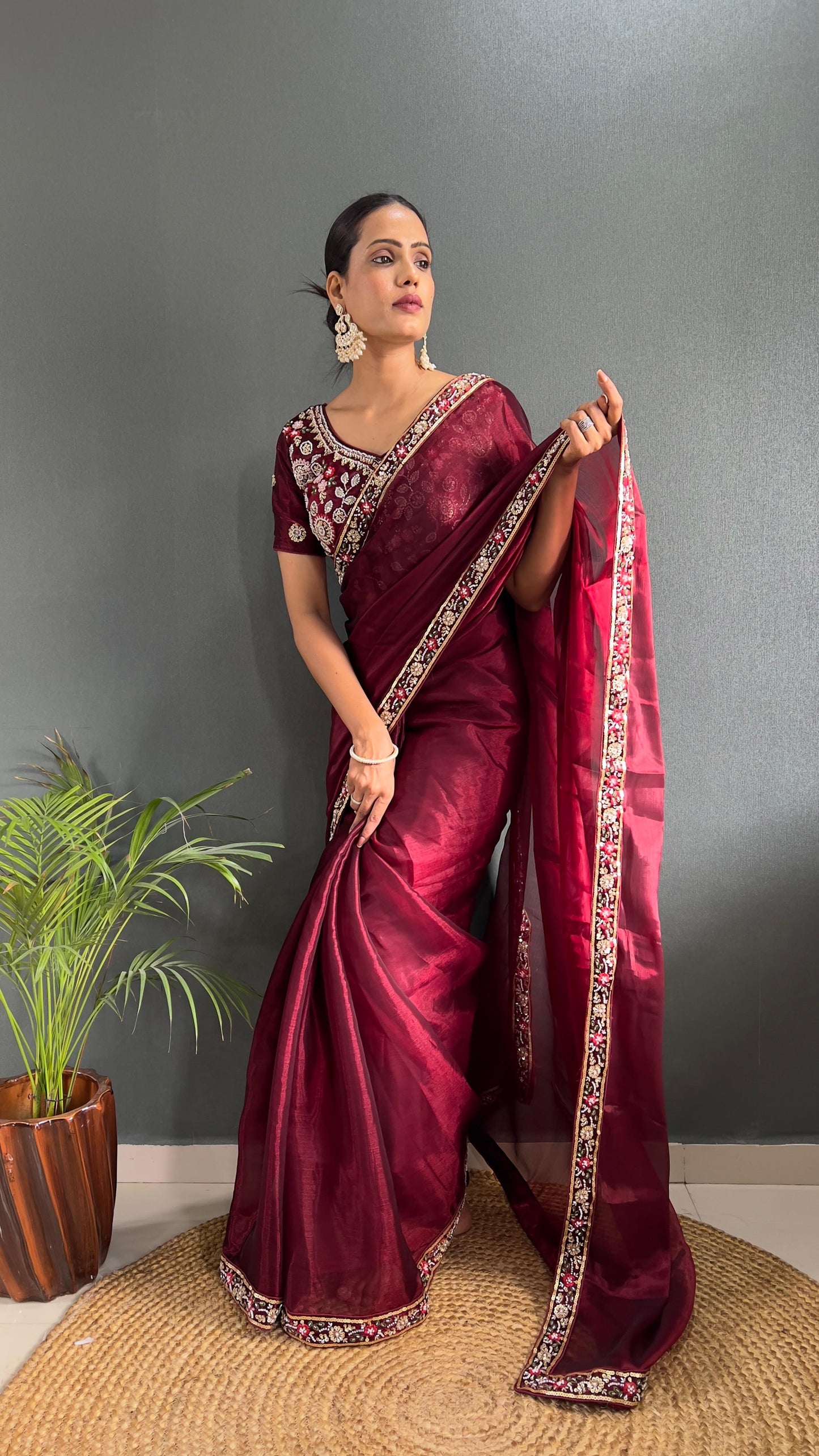 Demanding Burberry Silk Red Color Handwork Border Saree