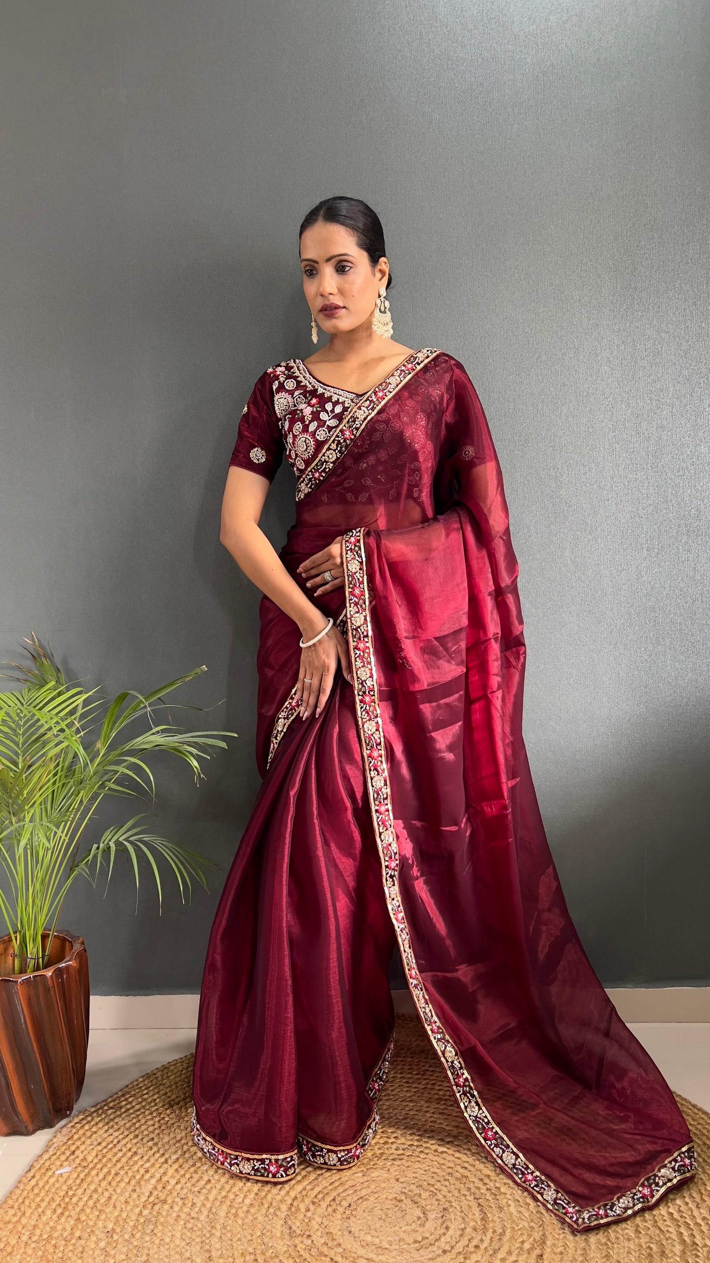 Demanding Burberry Silk Red Color Handwork Border Saree