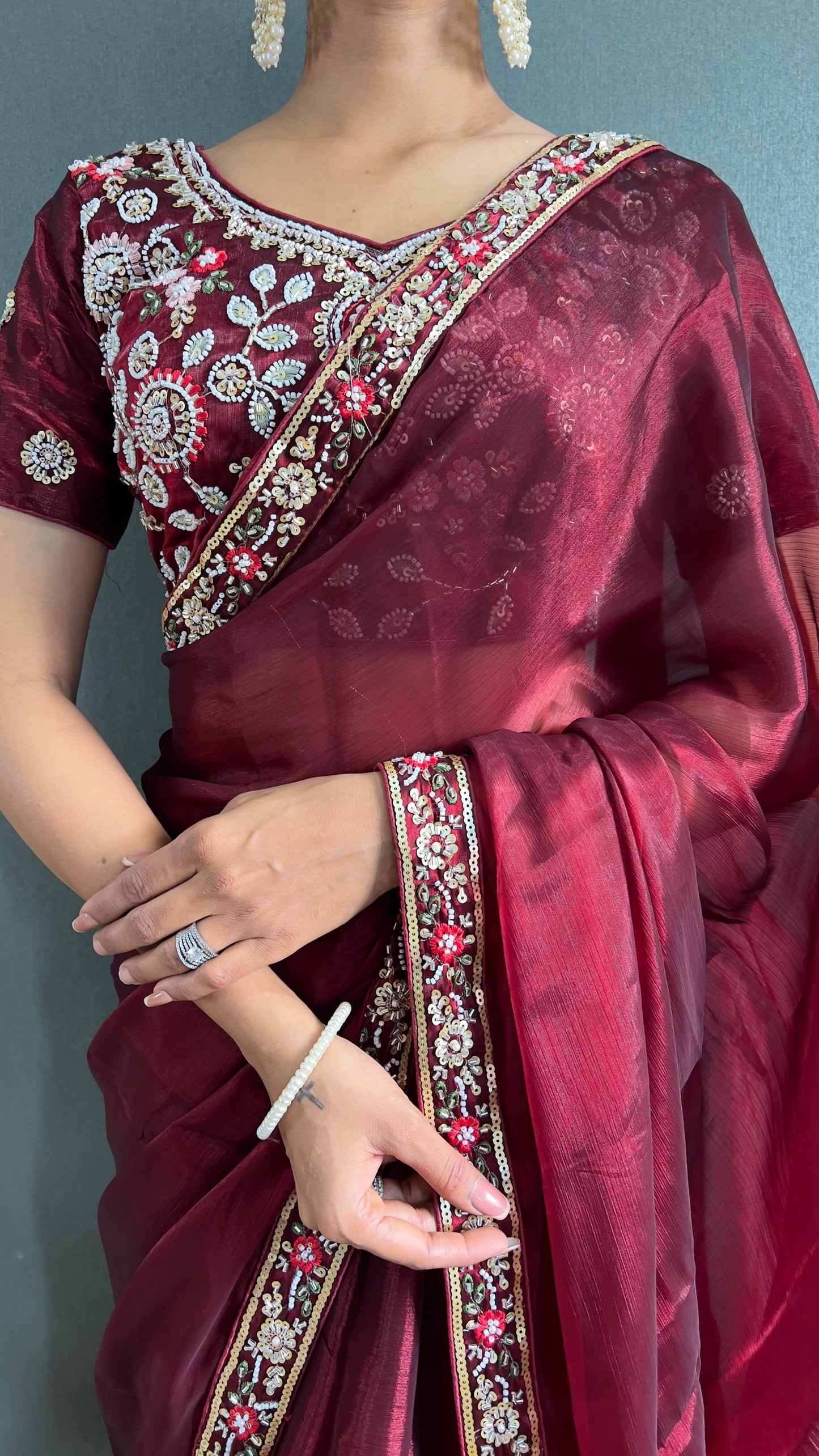 Demanding Burberry Silk Red Color Handwork Border Saree