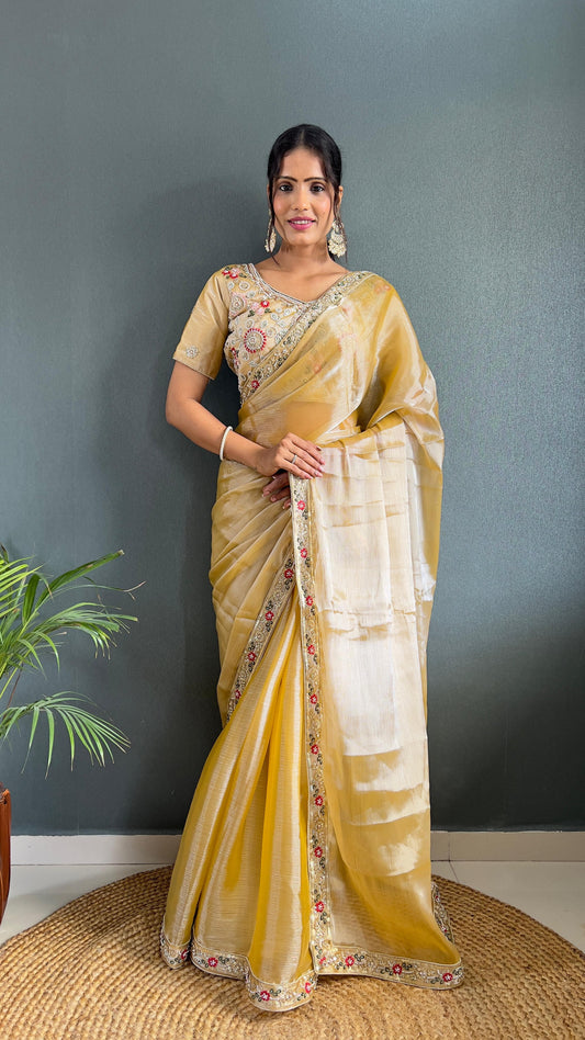 Demanding Burberry Silk Mustard Color Handwork Border Saree