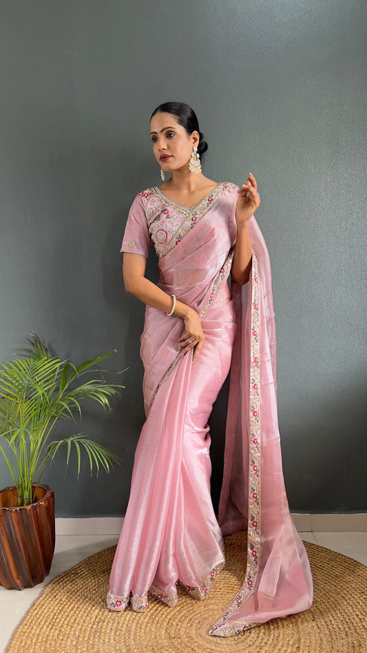 Demanding Burberry Silk Baby Pink Color Handwork Border Saree