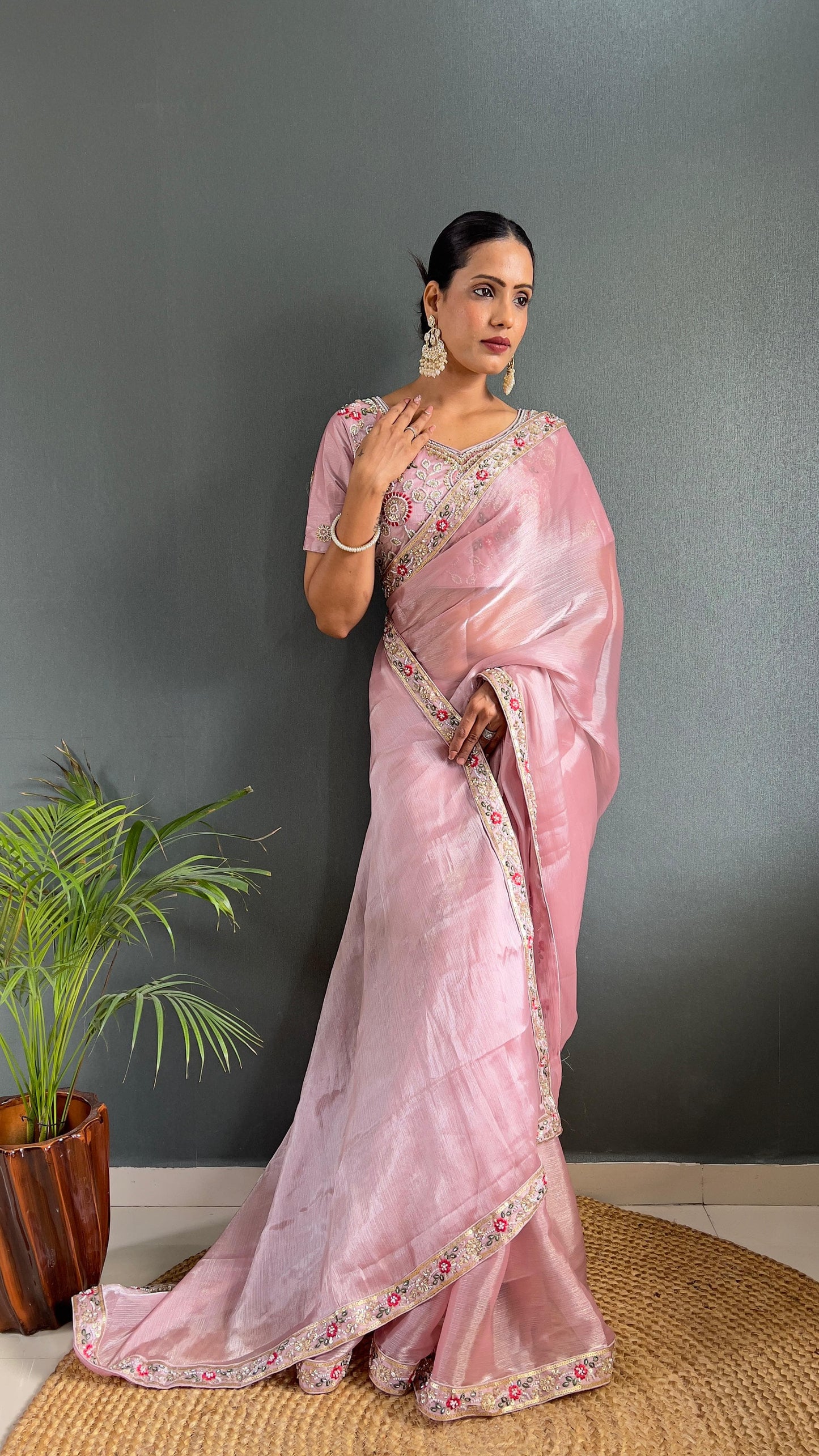 Demanding Burberry Silk Baby Pink Color Handwork Border Saree