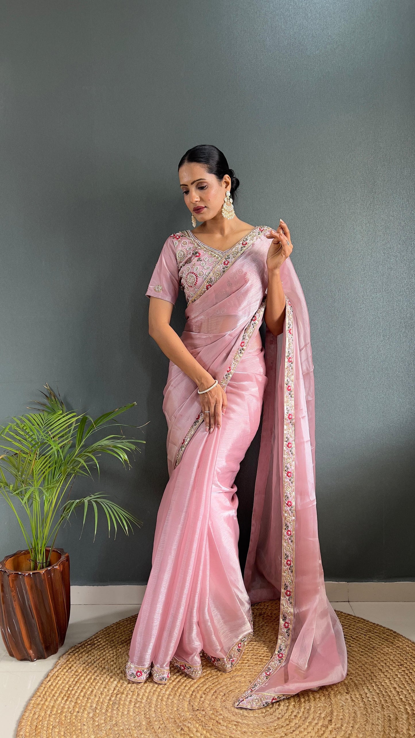 Demanding Burberry Silk Baby Pink Color Handwork Border Saree